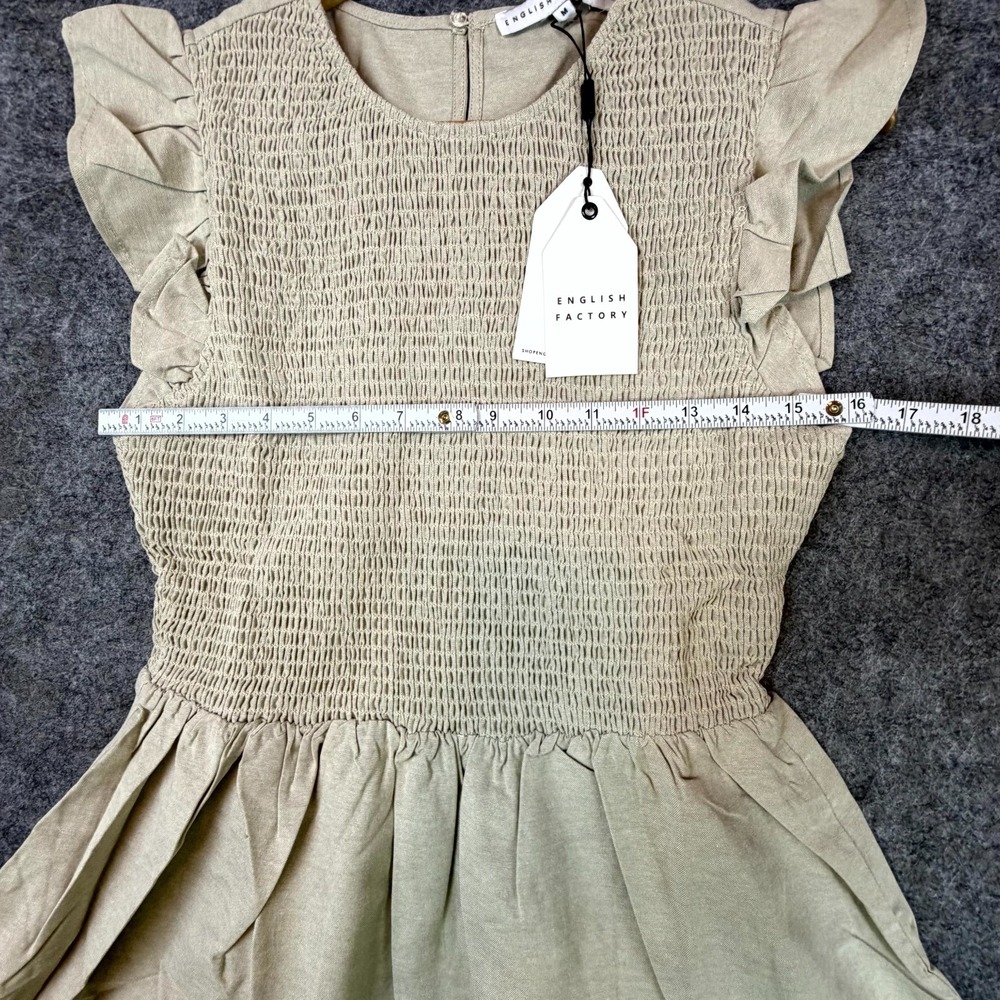 English Factory Mini Dress Womens Medium Beige Smocked Ruffle Neutral Minimalist - Picture 6 of 9
